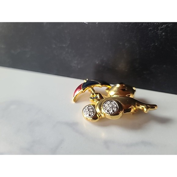 Vintage Rhinestone Teddy Bear With Umbrella Brooch - Picture 4 of 10